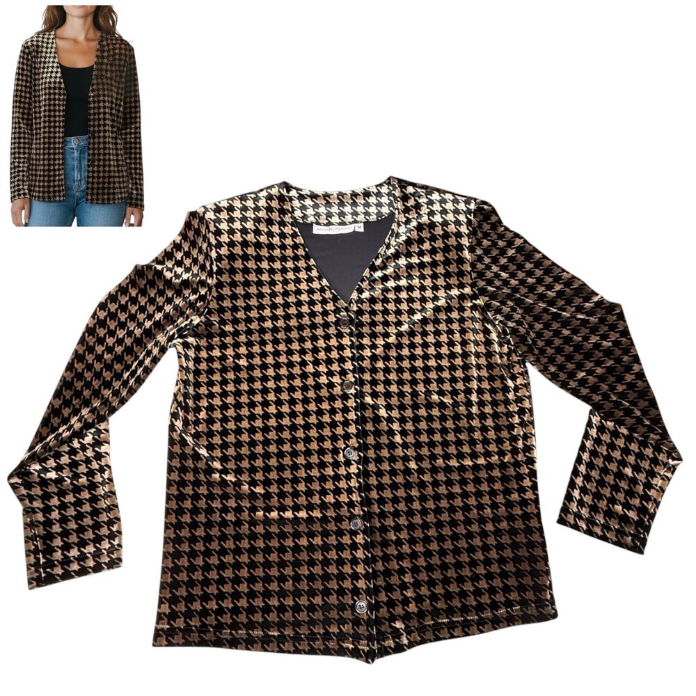 Katherine Stone Velvet Shirt Med Cardigan Jacket Houndstooth Velvet Gold Black
